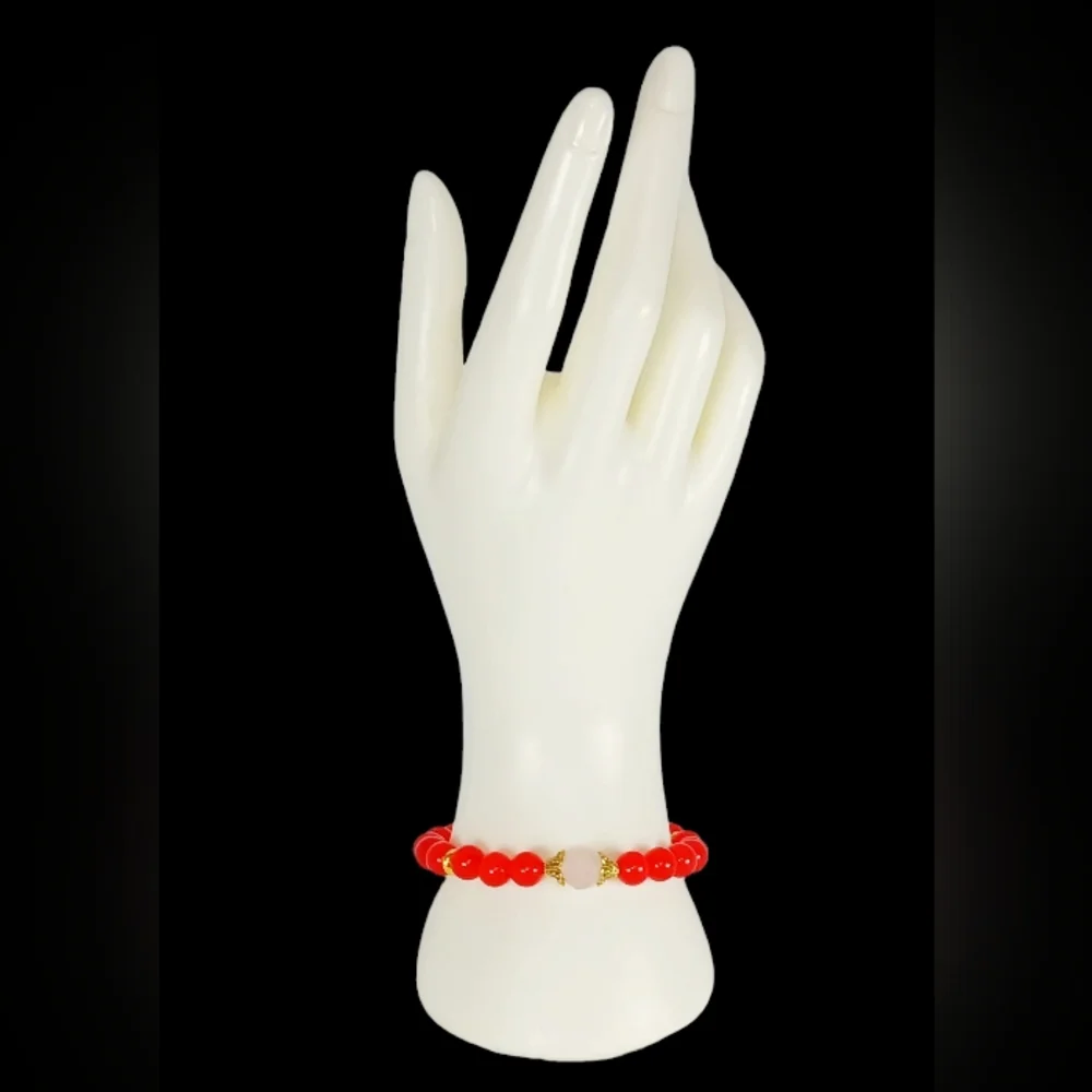 Red Jade & Rose Quartz Crystal Beaded Stretch Bracelet Y2K Mini Mala Lovecore